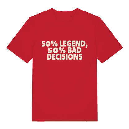 Red "50% Legend 50% Bad Decisions" funny t-shirt flat lay, cheeky bad decisions slogan graphic tee printed in UK