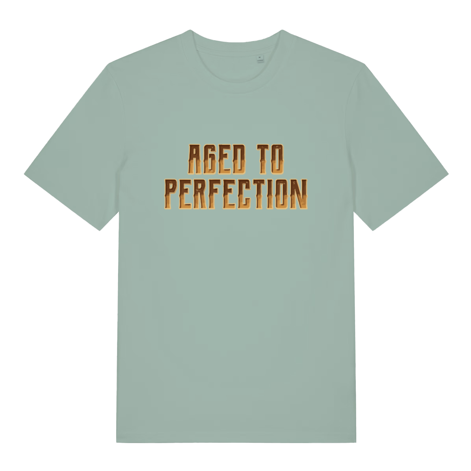 Aloe green "Aged to Perfection" funny t-shirt flat lay, sarcastic old man slogan organic cotton tee printed in UK