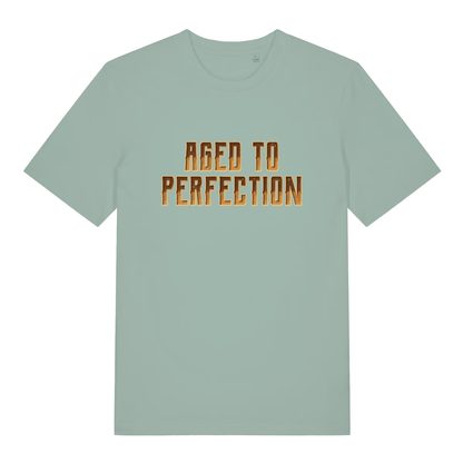 Aloe green "Aged to Perfection" funny t-shirt flat lay, sarcastic old man slogan organic cotton tee printed in UK