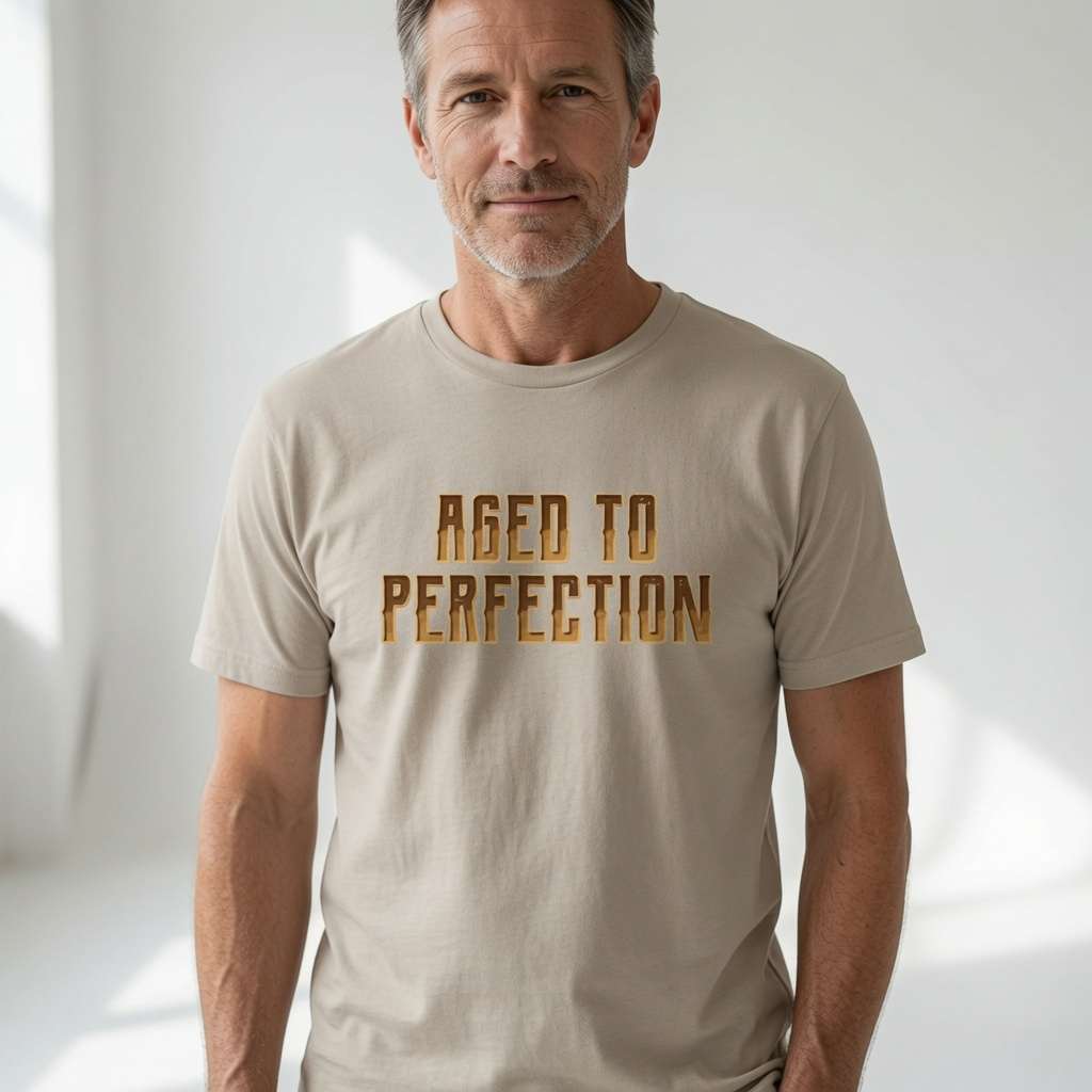 Mature man in beige Aged To Perfection t-shirt with knowing smile, cheeky sarcastic birthday gift for older legends