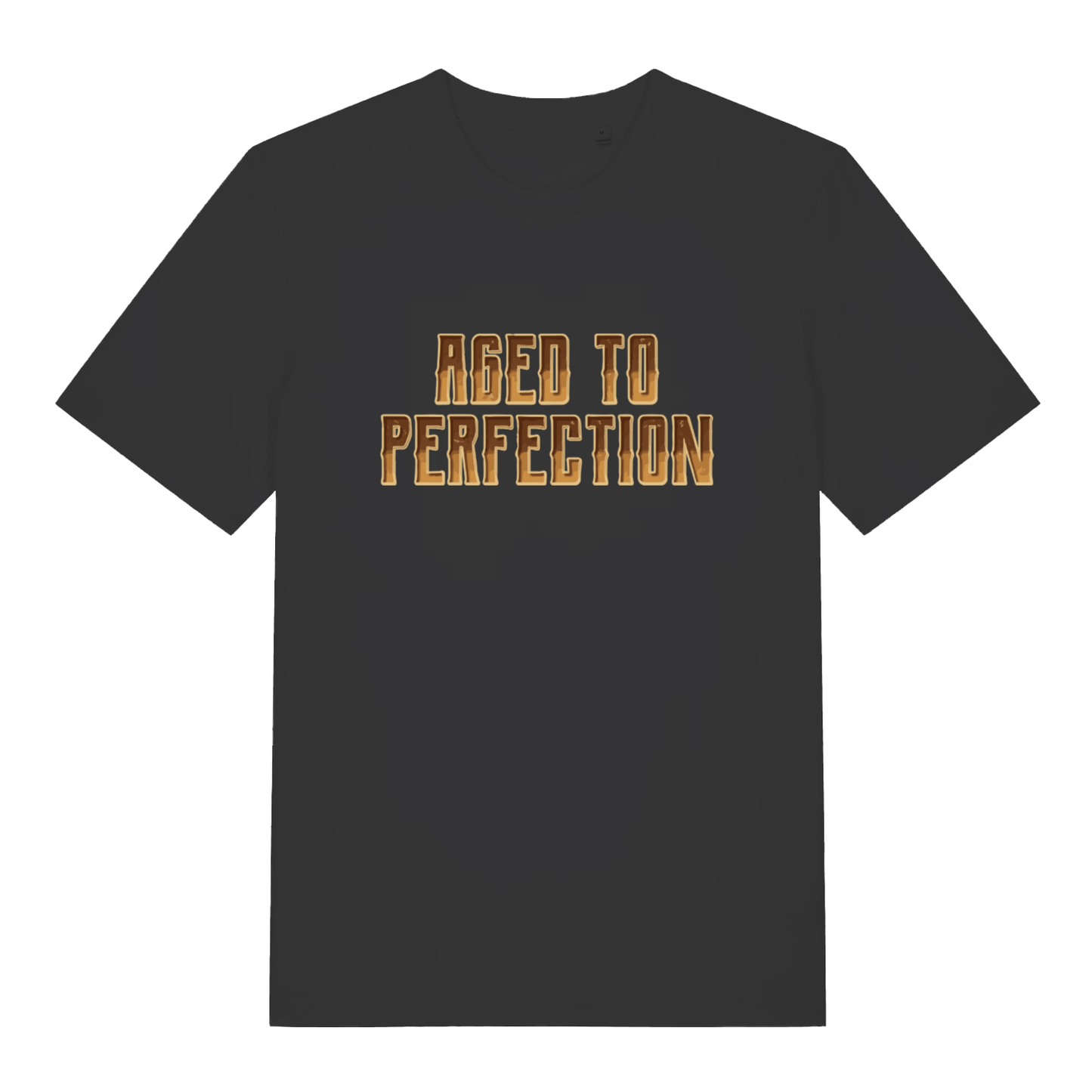 Black "Aged to Perfection" funny grandad gift t-shirt flat lay, cheeky old man slogan banter graphic tee printed in UK