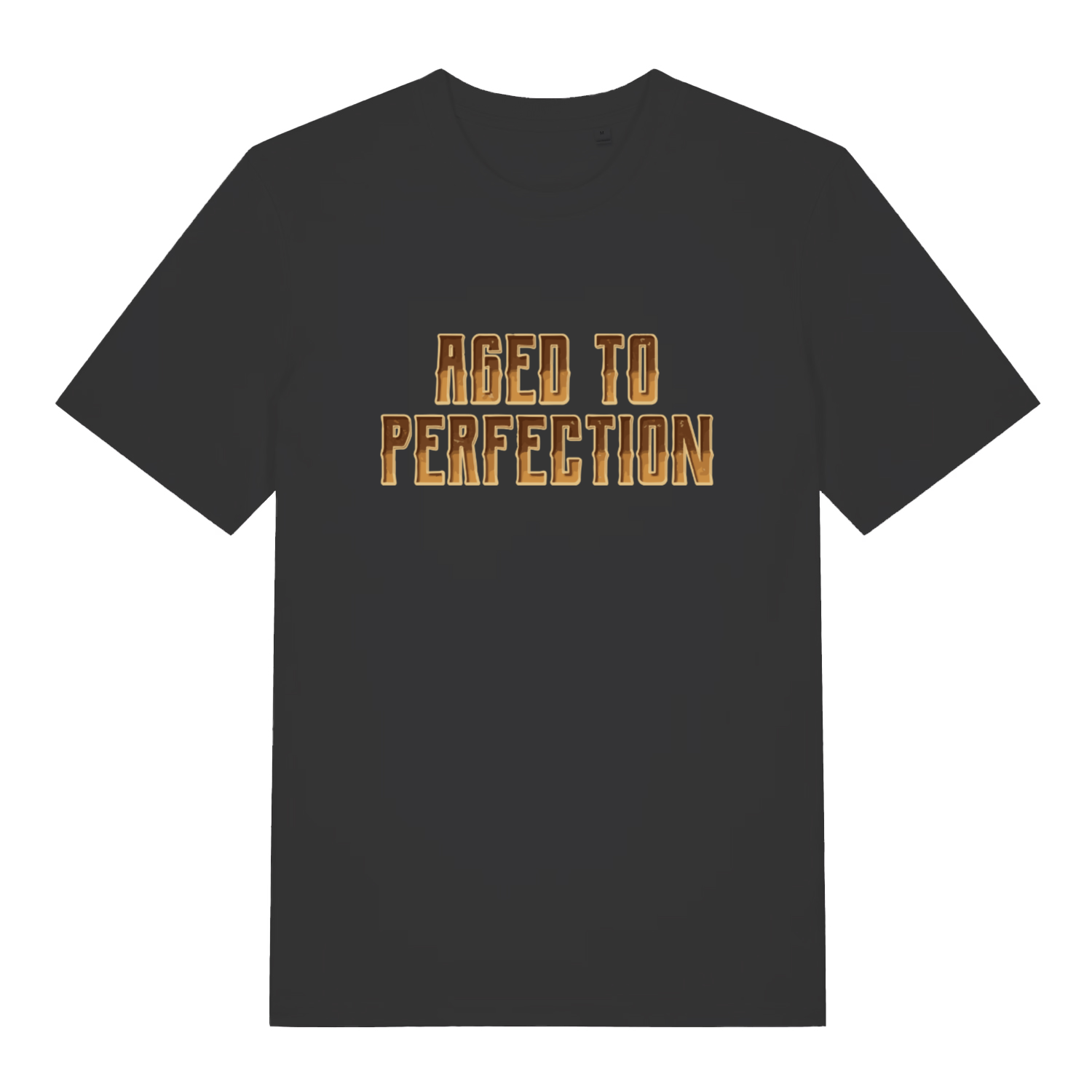 Black "Aged to Perfection" funny grandad gift t-shirt flat lay, cheeky old man slogan banter graphic tee printed in UK
