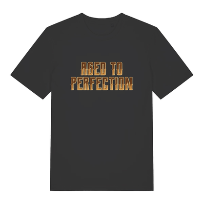 Black "Aged to Perfection" funny grandad gift t-shirt flat lay, cheeky old man slogan banter graphic tee printed in UK
