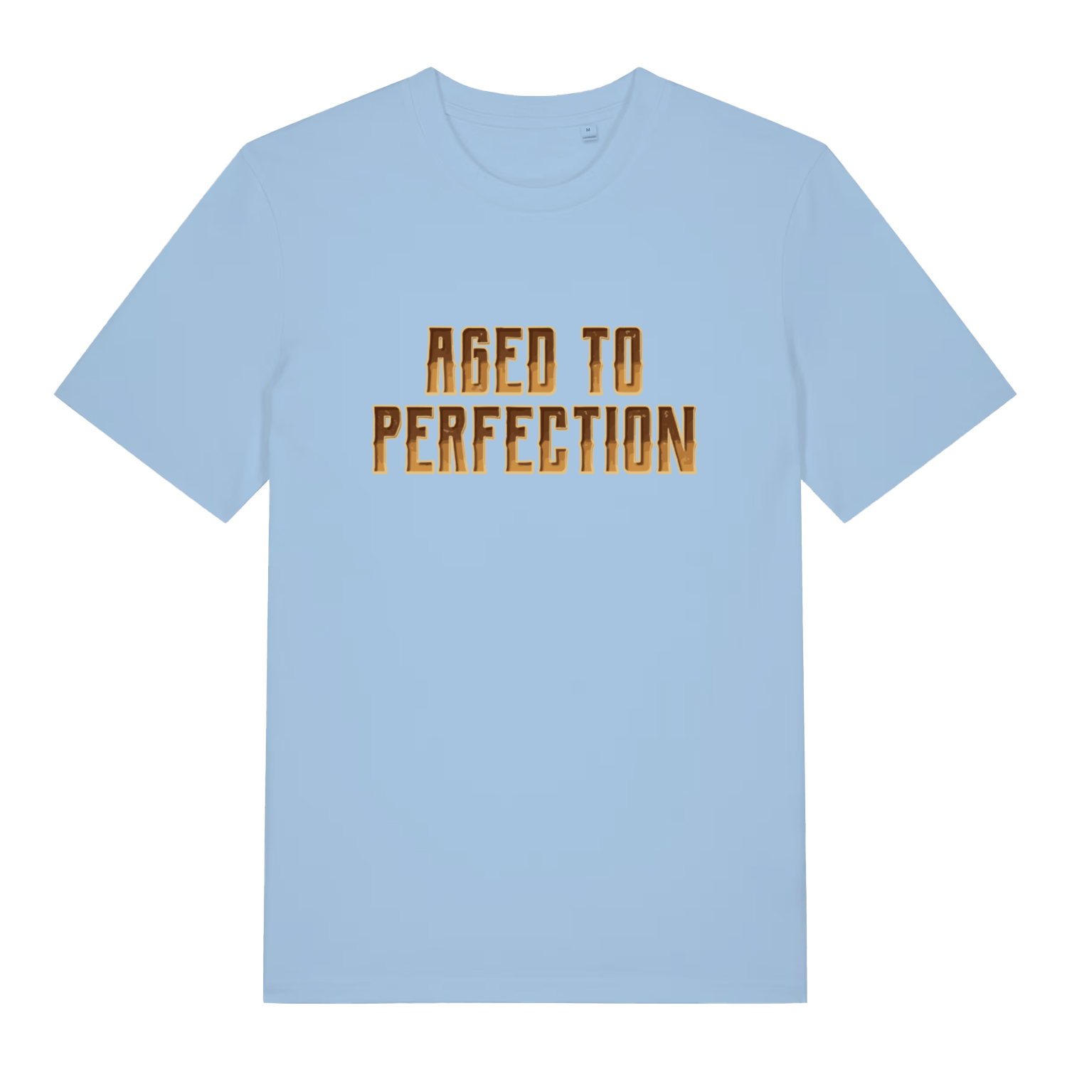 Sky blue "Aged to Perfection" sarcastic t-shirt flat lay, humorous age related slogan organic cotton funny tee UK