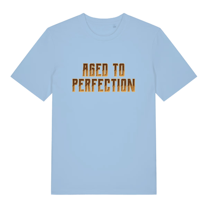 Sky blue "Aged to Perfection" sarcastic t-shirt flat lay, humorous age related slogan organic cotton funny tee UK