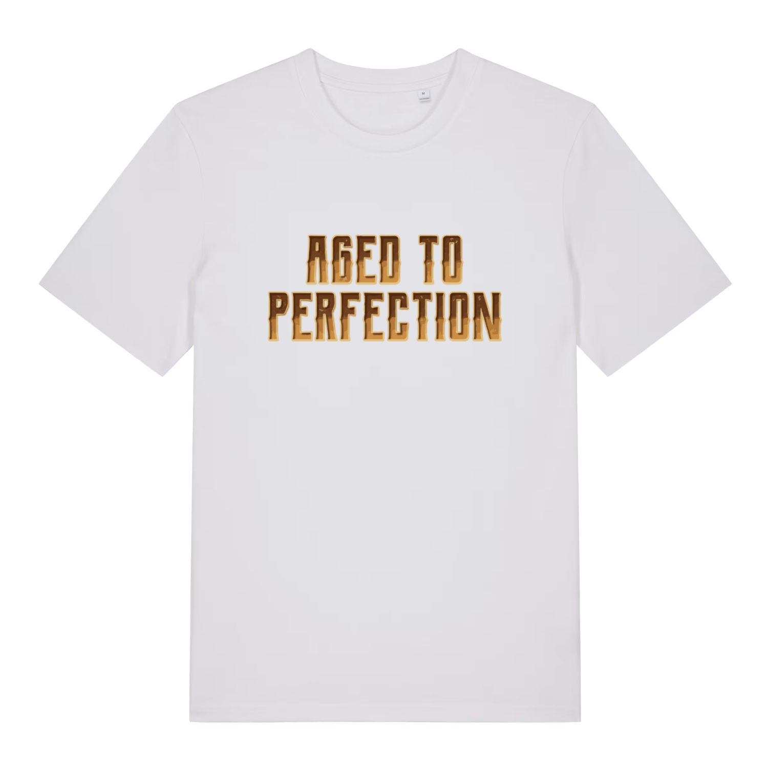 White "Aged to Perfection" funny t-shirt flat lay, witty aged to perfection slogan sustainable vegan organic cotton UK printed