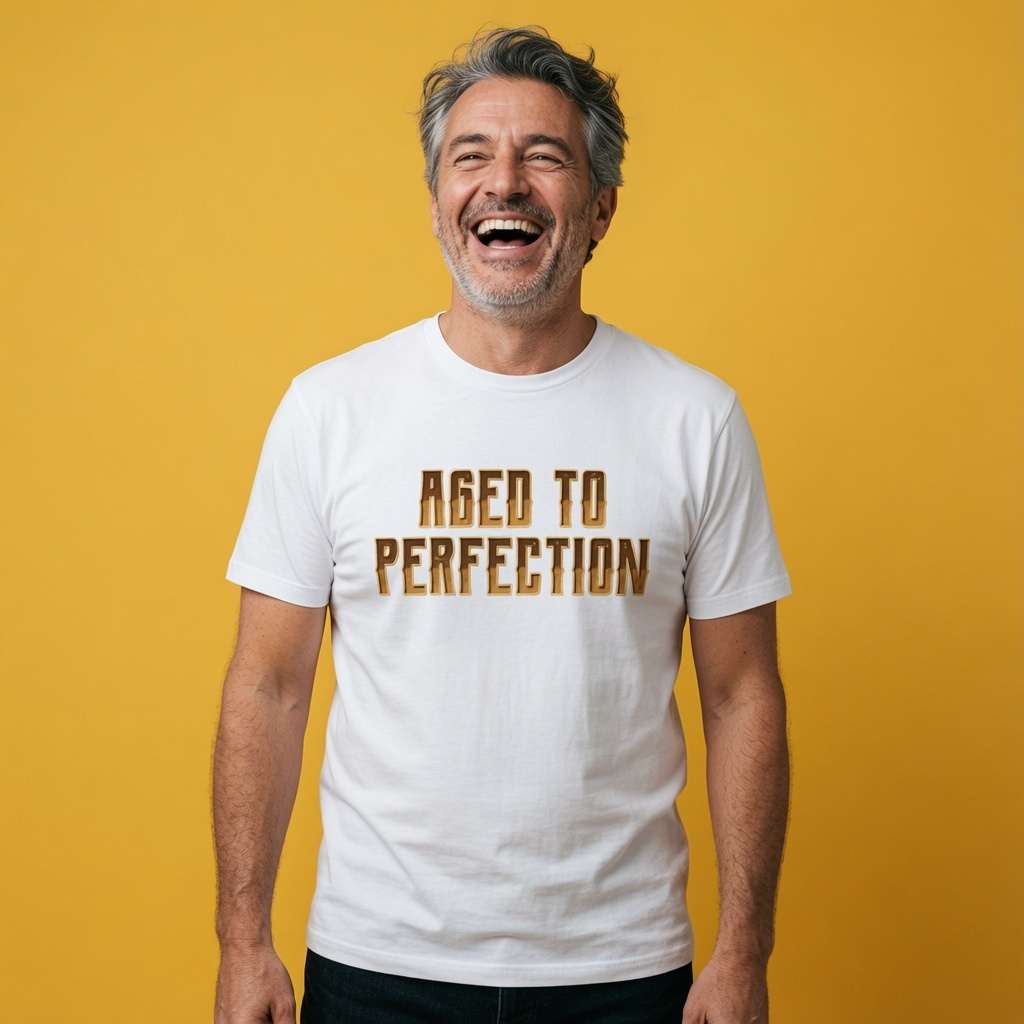Man laughing with arms by his sides in a white Aged To Perfection t-shirt, funny mens witty age-related slogan design that every cheeky lad will claim