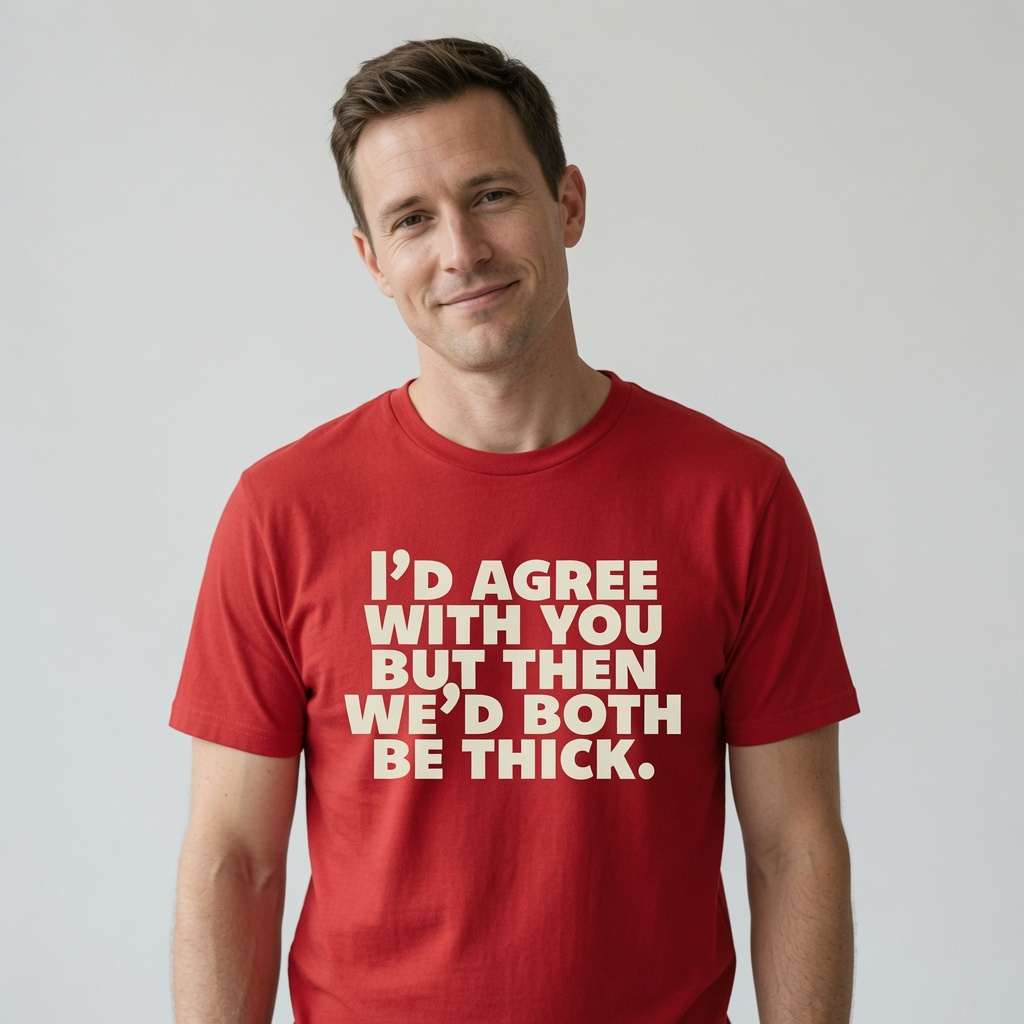 Man in red I’d Agree With You But Then We’d Both Be Thick t-shirt, cheeky sarcastic put-down gift