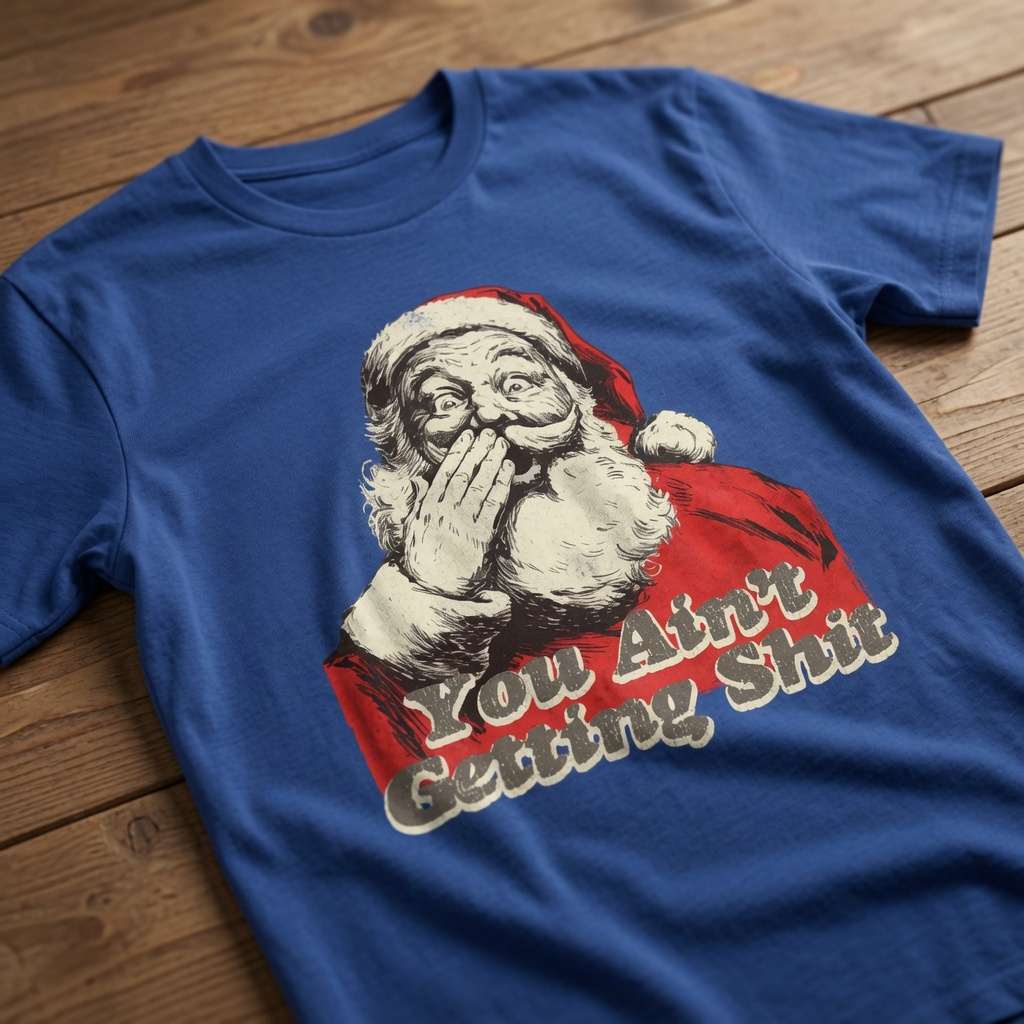 Blue You Ain’t Getting Shit Santa t-shirt on wooden table, funny rude festive xmas gift tee