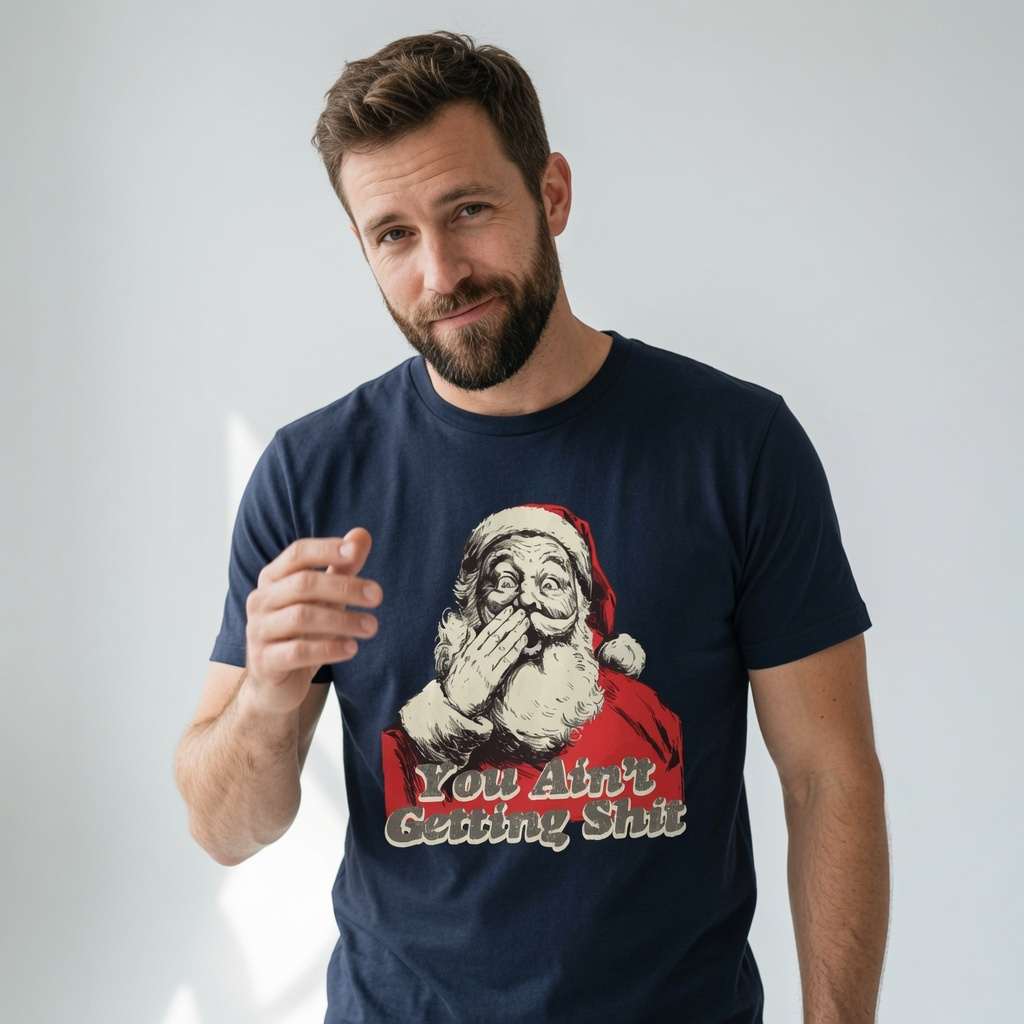 Man in navy You Ain’t Getting Shit Santa graphic tee, cheeky rude Christmas slogan gift
