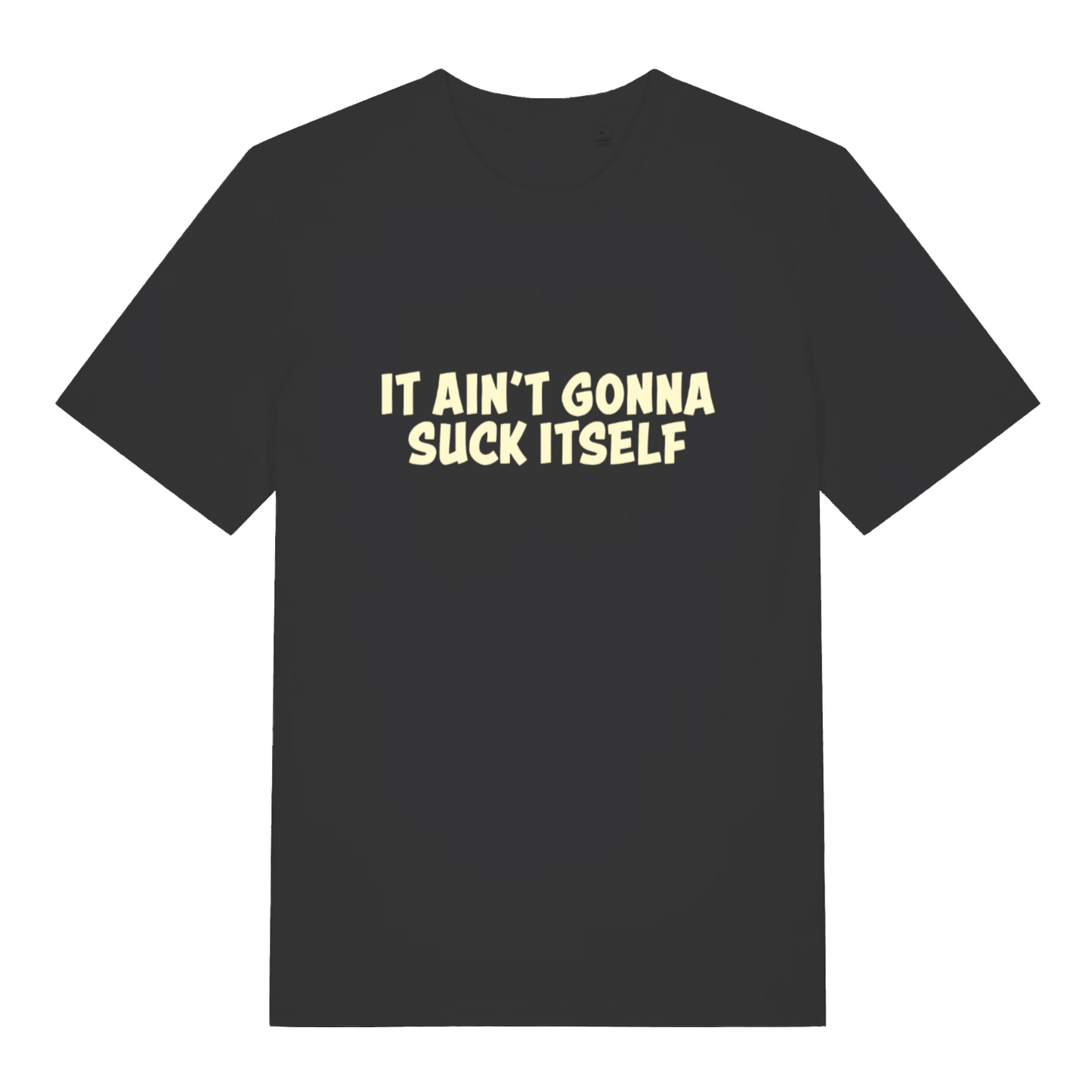 Black "It Ain't Gonna Suck Itself" funny rude slogan t-shirt flat lay, cheeky lads banter graphic organic cotton tee printed in UK