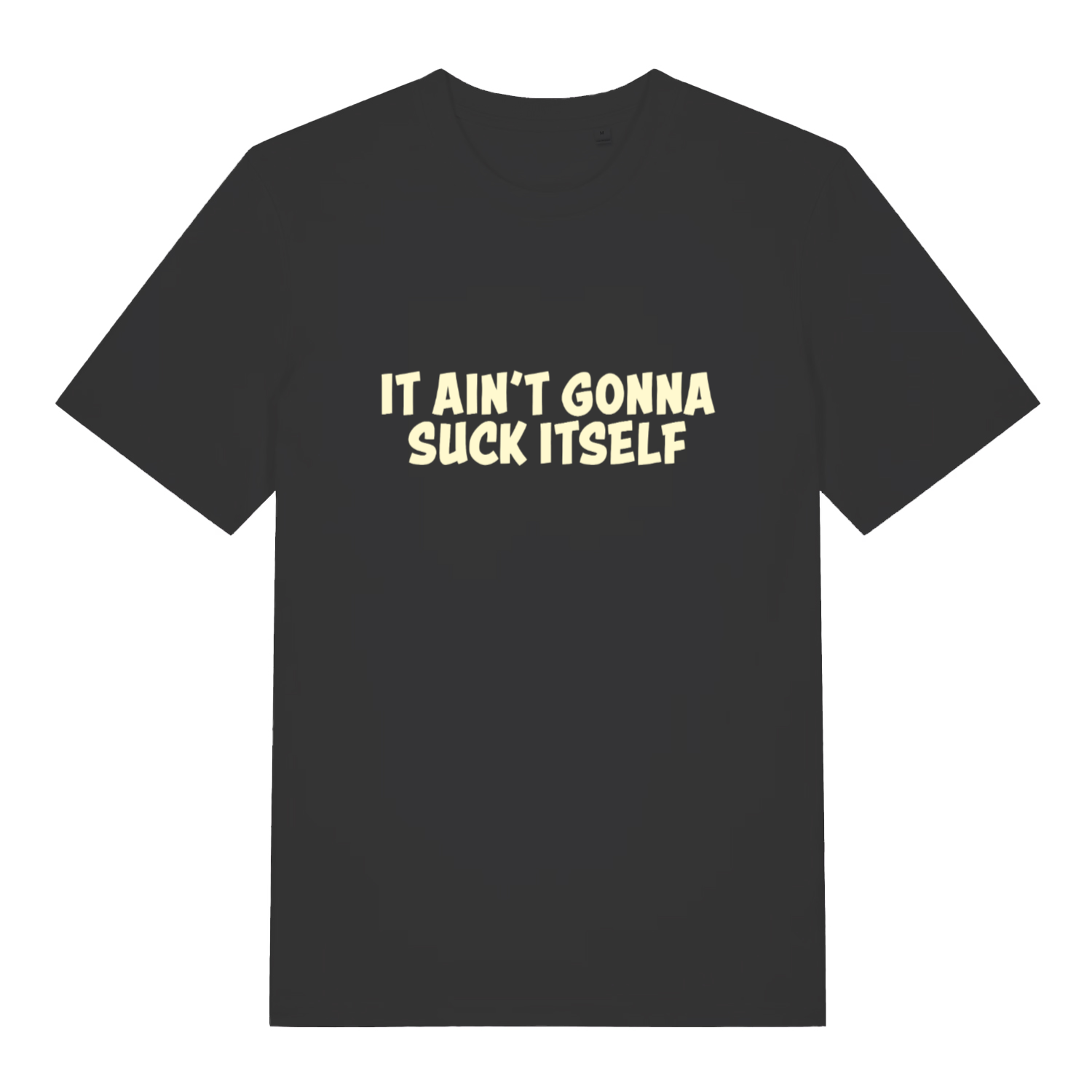 Black "It Ain't Gonna Suck Itself" funny rude slogan t-shirt flat lay, cheeky lads banter graphic organic cotton tee printed in UK