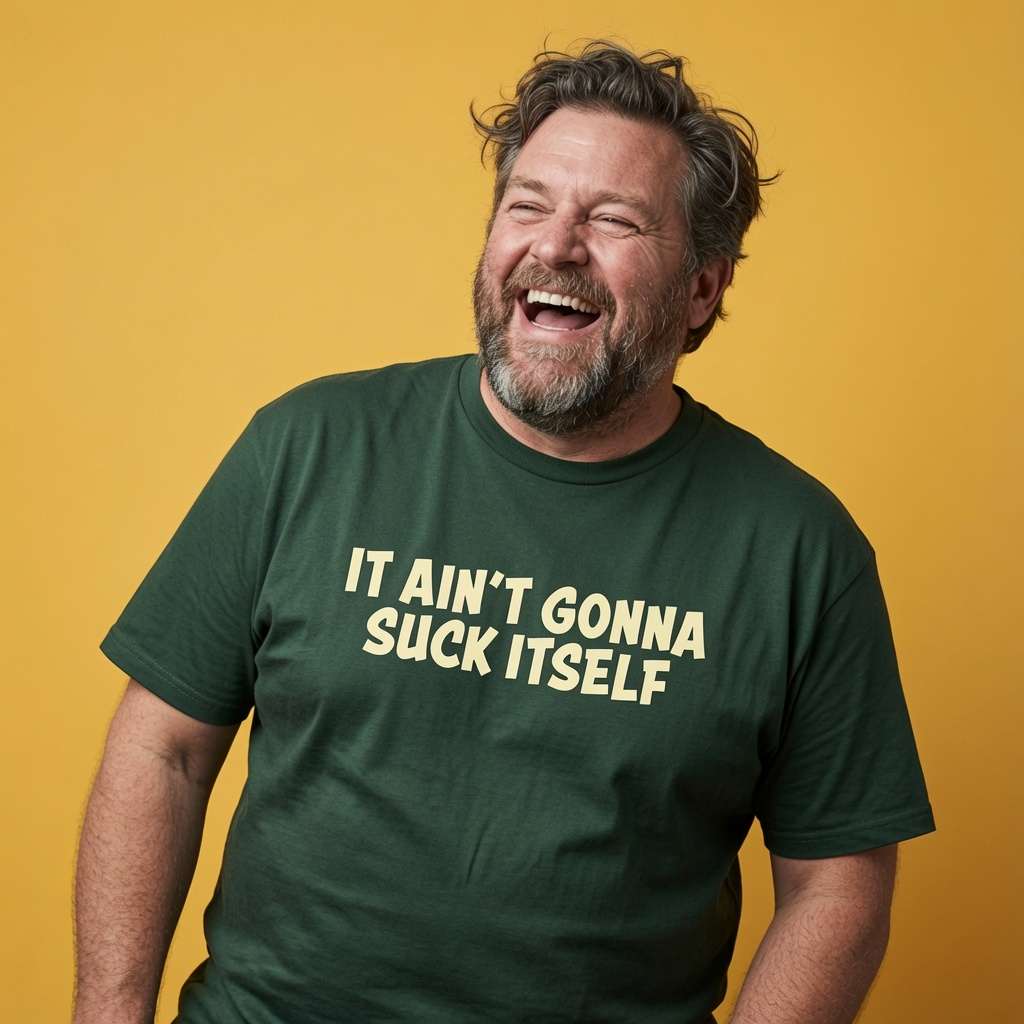 Man laughing with head tilted while wearing a green It Ain’t Gonna Suck Itself t-shirt, funny offensive banter design that every cheeky lad will claim