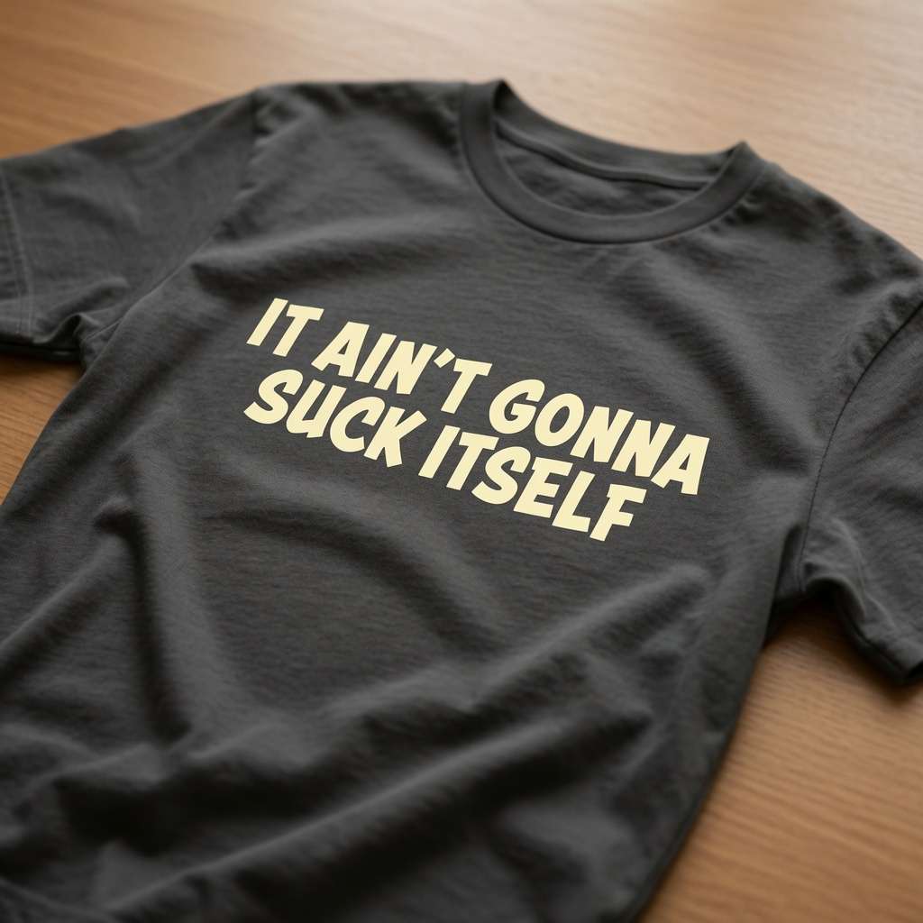 Khaki It Ain’t Gonna Suck Itself t-shirt laid flat on a wooden surface showing the full slogan, funny rude banter slogan design full of pure attitude