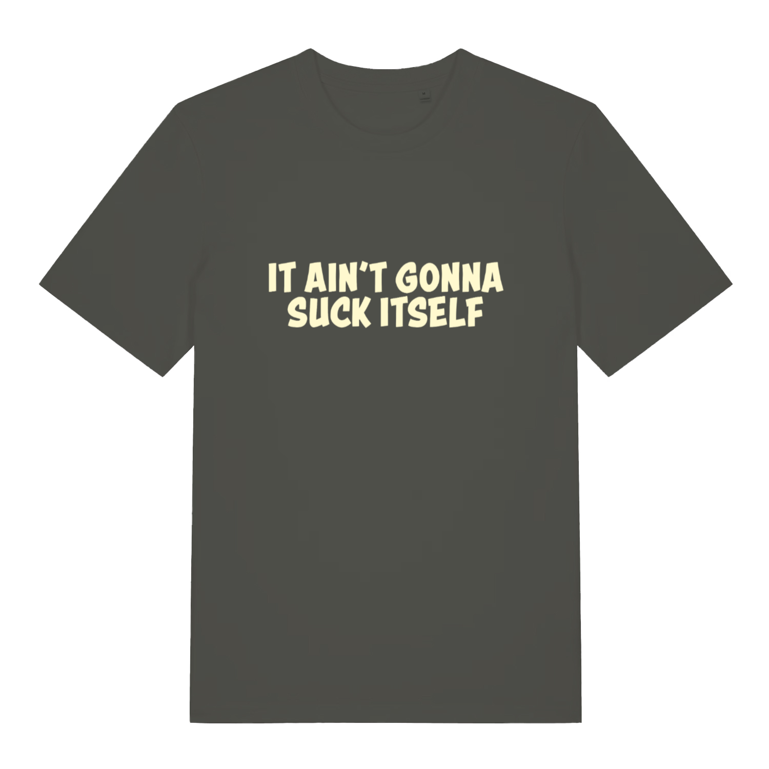 Khaki "It Ain't Gonna Suck Itself" humorous banter t-shirt flat lay, premium 180 GSM organic cotton funny rude slogan tee UK