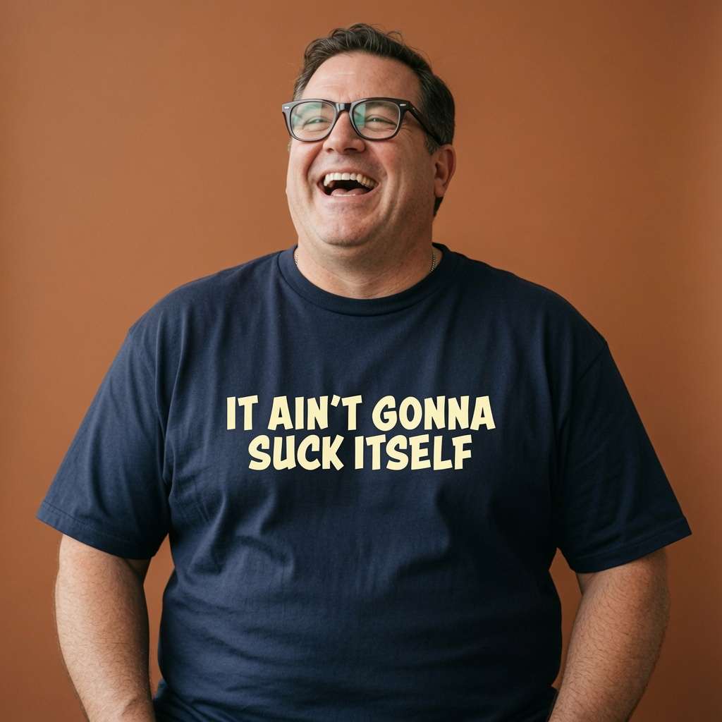 Man laughing with head tilted back while wearing a navy It Ain’t Gonna Suck Itself t-shirt, rude funny offensive quote shirt full of pure attitude