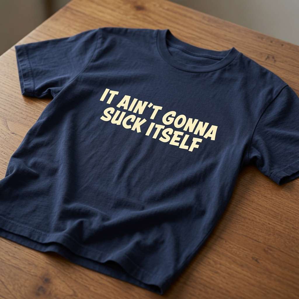 A navy blue short-sleeve t-shirt with the phrase 'IT AIN'T GONNA SUCK ITSELF' printed in bold cream-colored letters across the chest, laid flat on a wooden table.