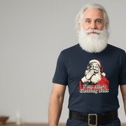 Father Christmas wearing a navy blue funny Santa t-shirt with a graphic of Santa Claus and text, against a plain background.