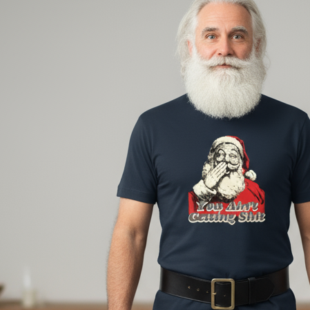 Man wearing a navy blue t-shirt with a graphic of Santa Claus and "you aint getting shit" slogan, against a plain background.