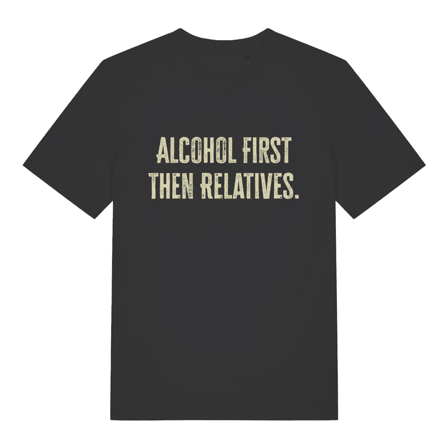 Black "Alcohol First Then Relatives" funny Christmas t-shirt flat lay, cheeky Xmas slogan organic cotton tee printed in UK