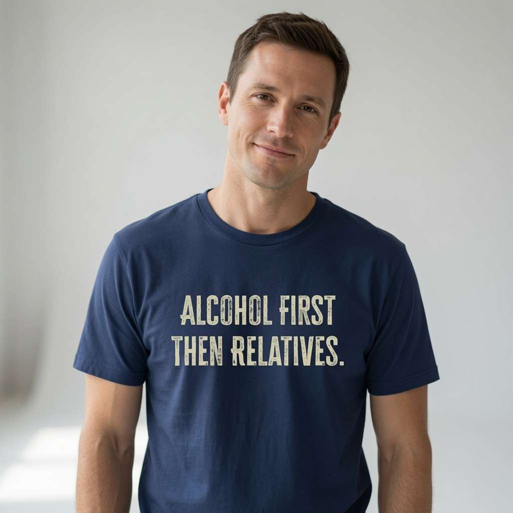 Man in navy Alcohol First Then Relatives t-shirt, fun witty festive xmas slogan gift