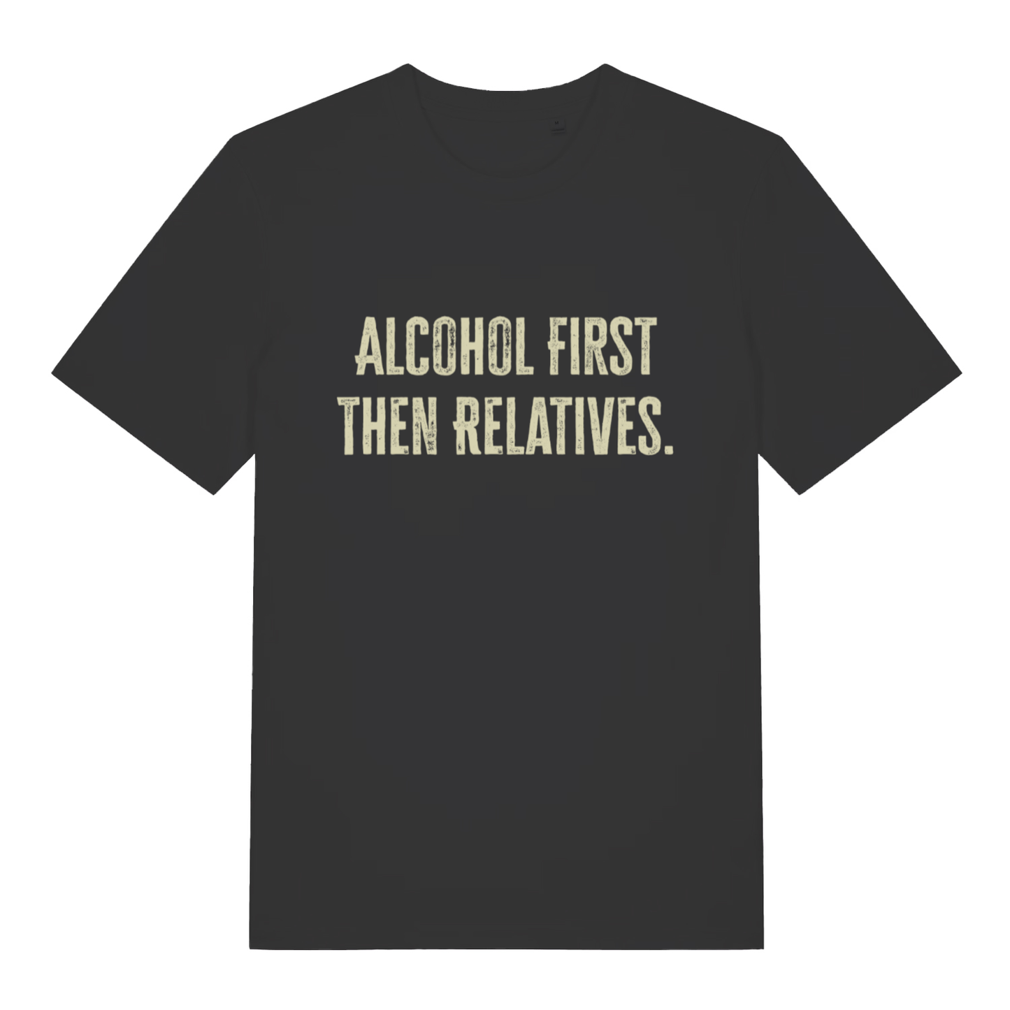 Black women's "Alcohol First Then Relatives" funny Christmas t-shirt flat lay, cheeky Xmas slogan organic cotton ladies tee printed in UK