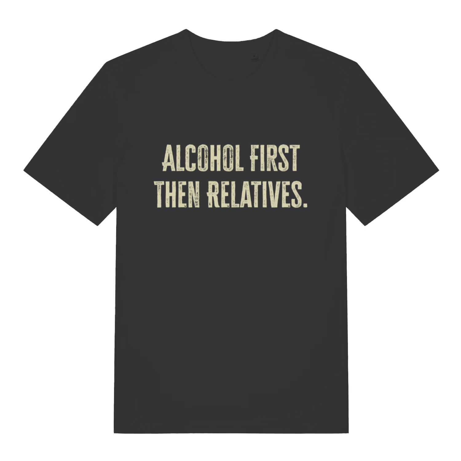 Black women's "Alcohol First Then Relatives" funny Christmas t-shirt flat lay, cheeky Xmas slogan organic cotton ladies tee printed in UK