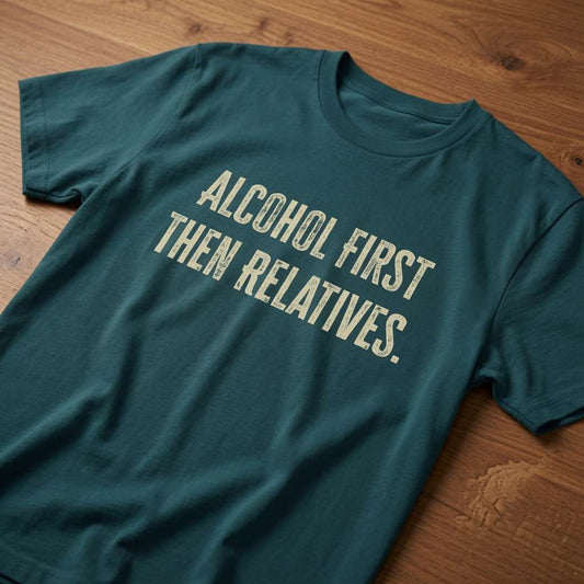 Green Alcohol First Then Relatives slogan t-shirt on wood, fun christmas pub quote tee for women