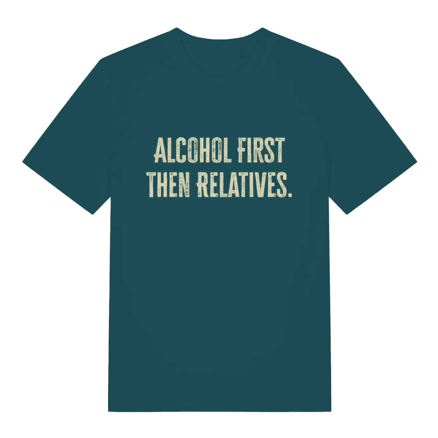 Green women's "Alcohol First Then Relatives" festive funny t-shirt flat lay, rude Christmas banter slogan organic cotton ladies tee UK