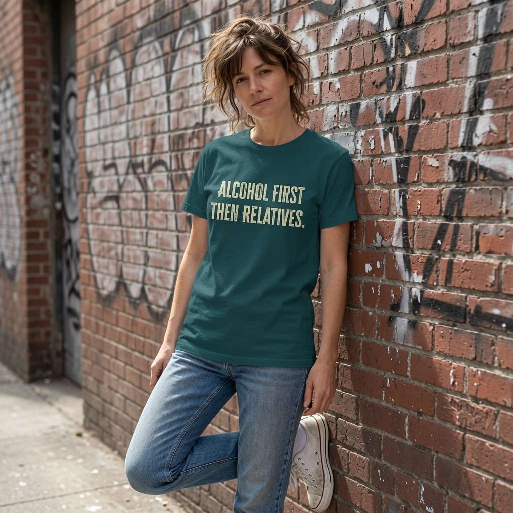 Woman in green Alcohol First Then Relatives t-shirt against graffiti wall, funny christmas pub quote tee