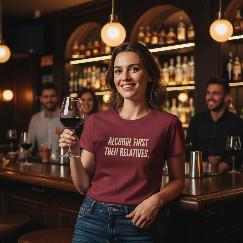 Woman holding a glass of wine in a bar wearing a t-shirt with text.