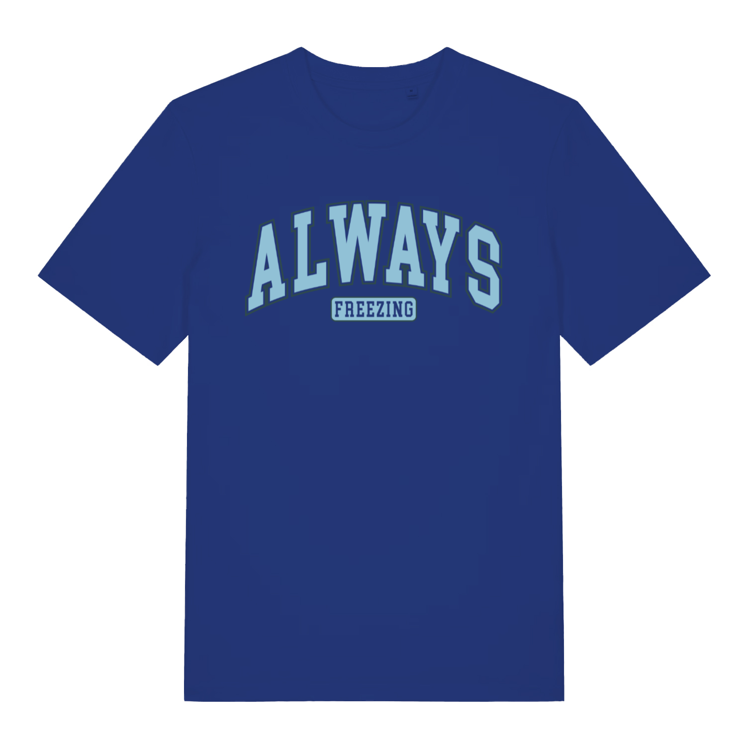 Blue women's "Always Freezing" witty slogan t-shirt flat lay, funny winter relatable graphic organic cotton ladies tee UK