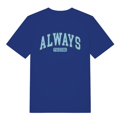 Blue women's "Always Freezing" witty slogan t-shirt flat lay, funny winter relatable graphic organic cotton ladies tee UK