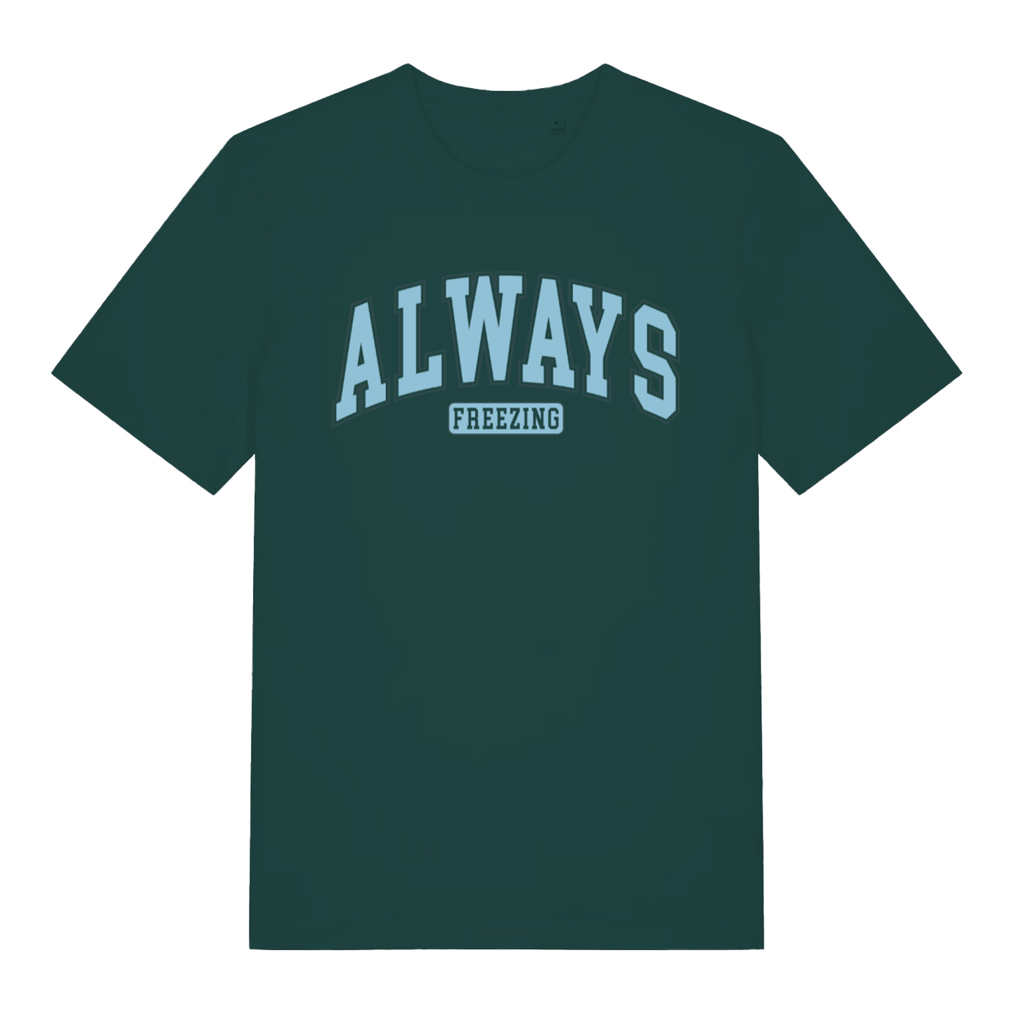Green women's "Always Freezing" funny t-shirt flat lay, cheeky cold slogan varsity style organic cotton ladies tee printed in UK