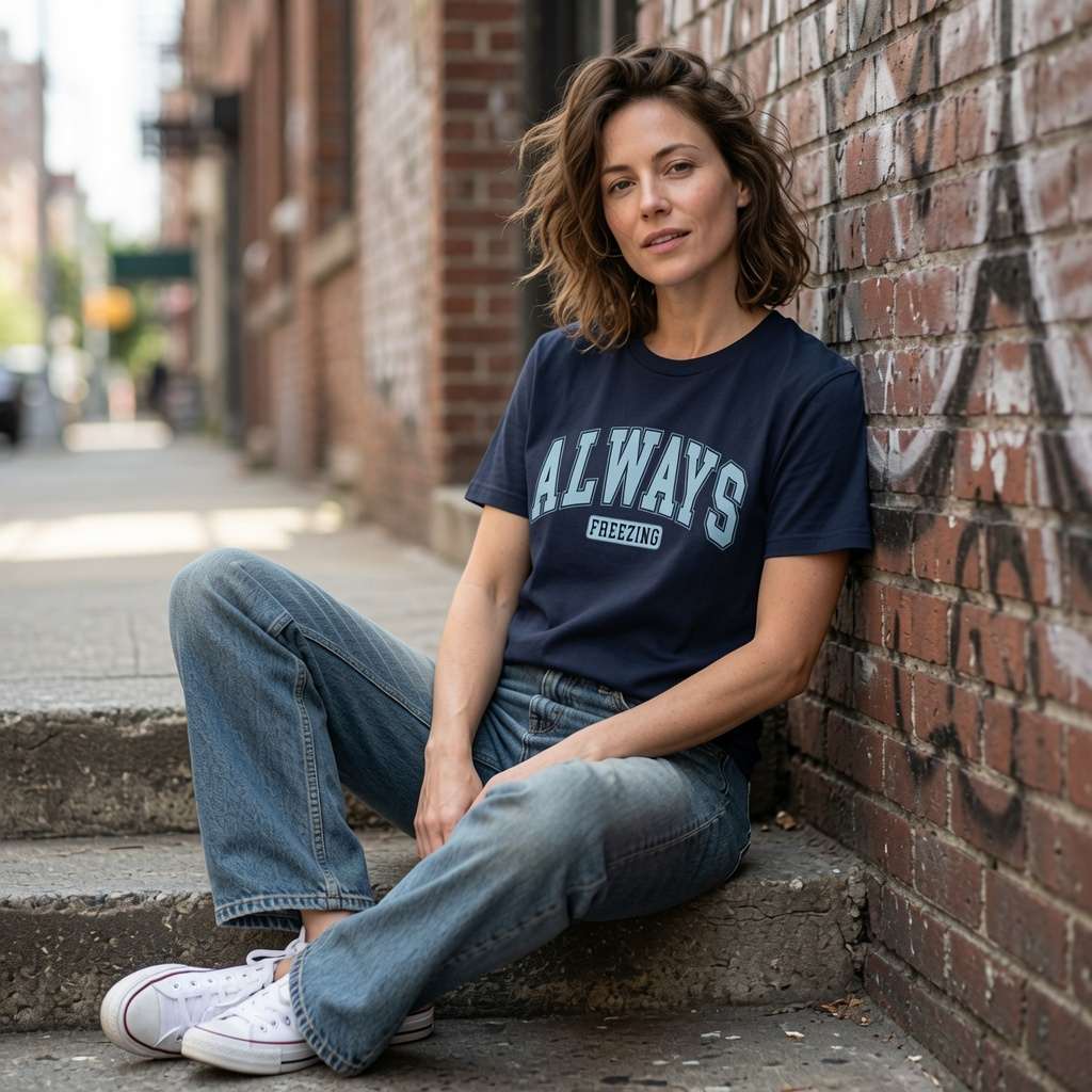 Woman in navy Always Freezing t-shirt sat on city steps, fun witty weather quote tee for mums