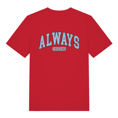 Red women's "Always Freezing" relatable statement t-shirt flat lay, humorous always cold slogan organic cotton funny ladies tee UK
