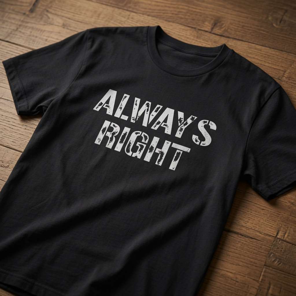 Black Always Right slogan t-shirt on wooden table, funny couples matching mens tee