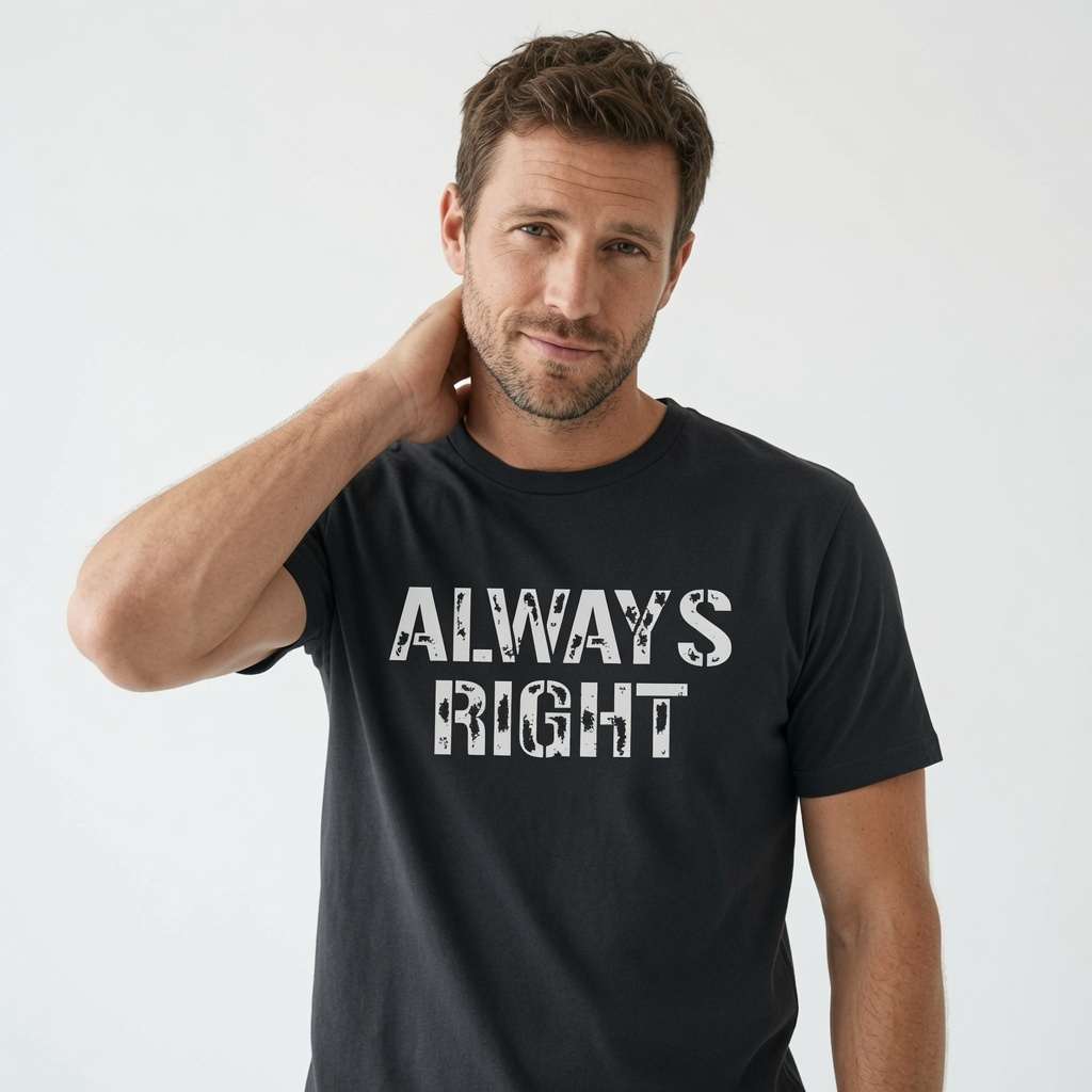 Man in black Always Right t-shirt with knowing smile, funny couples matching mens slogan gift