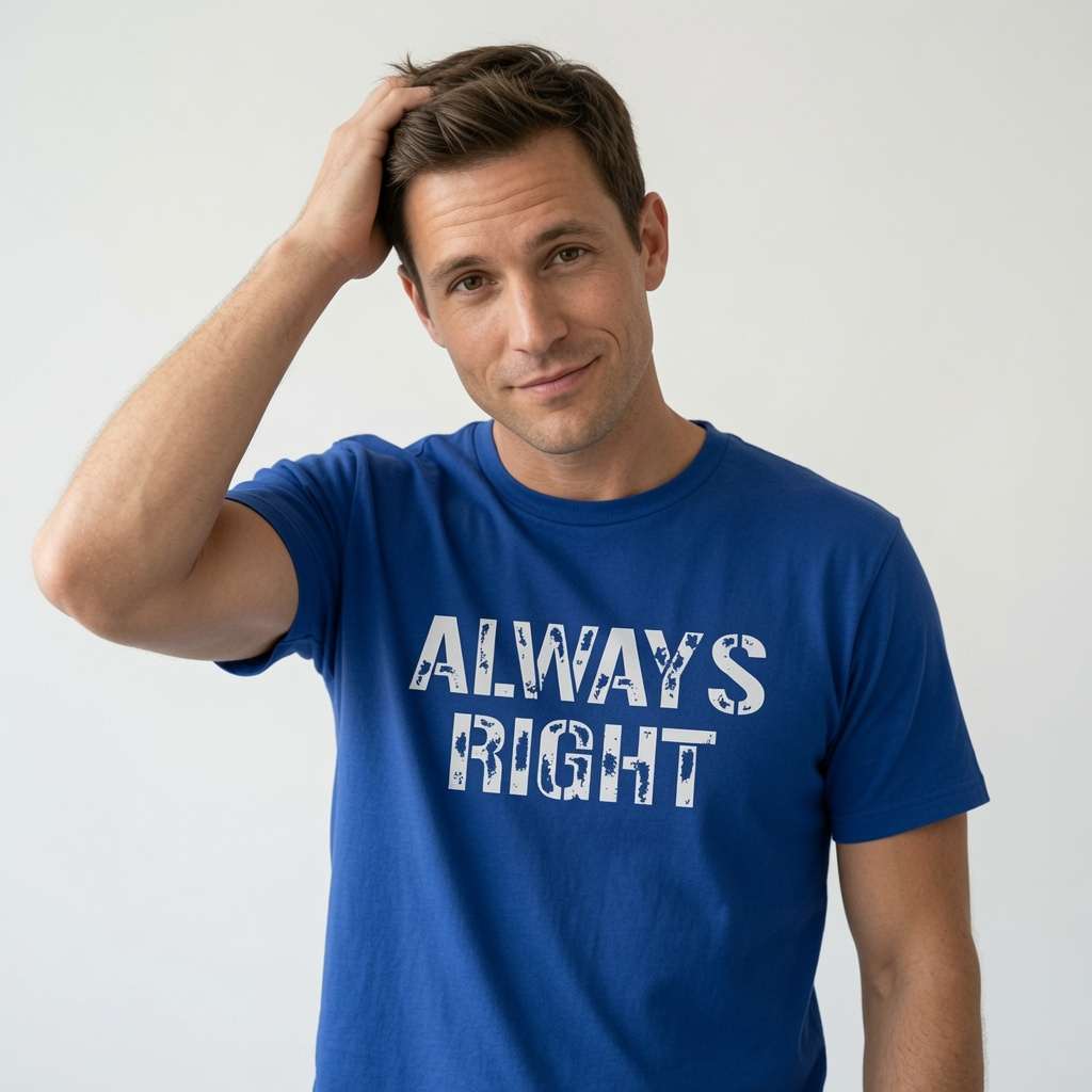 Man in blue Always Right t-shirt scratching head, funny couples matching slogan mens tee