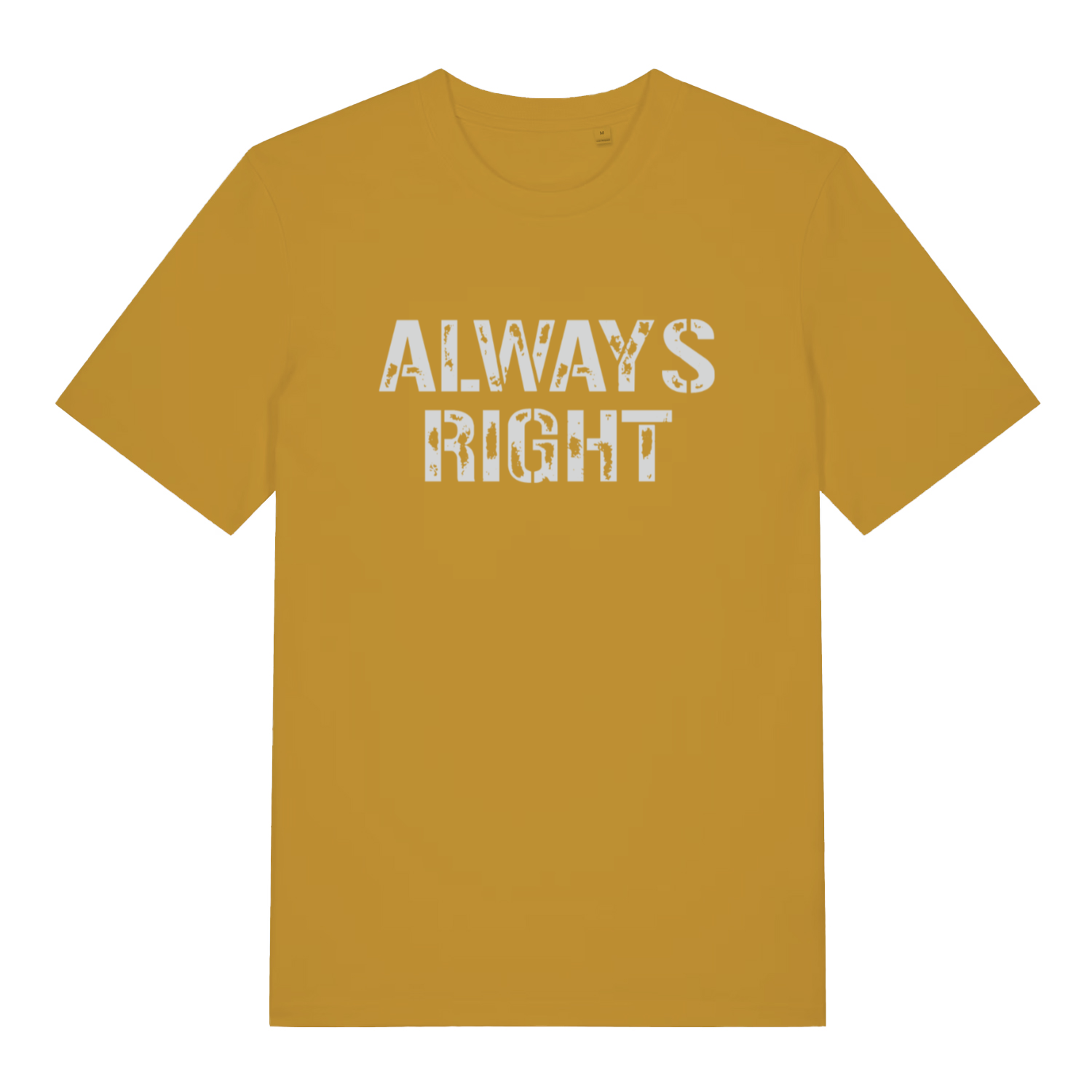 Mustard "Always Right" hilarious couples t-shirt flat lay, witty slogan organic cotton sustainable tee UK