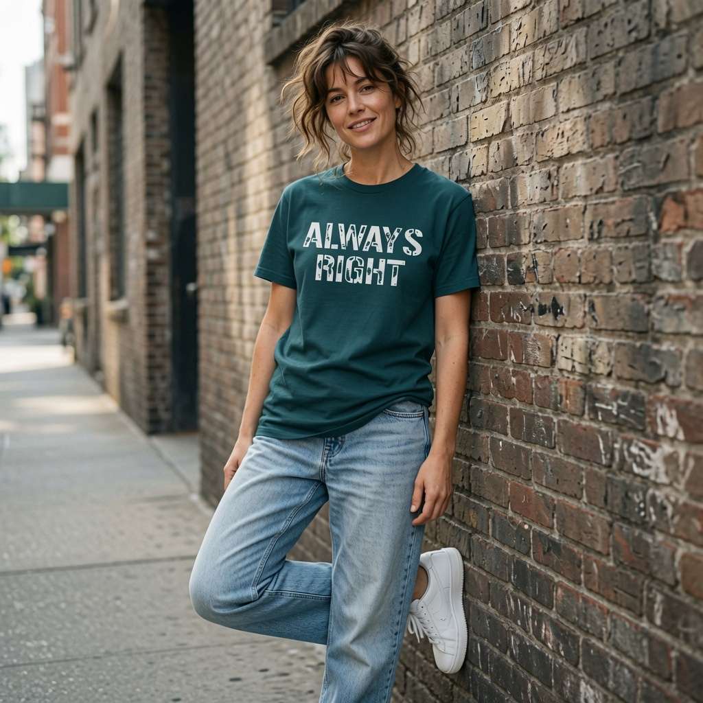 Woman in green Always Right t-shirt leaning on brick wall, funny matching couples slogan tee