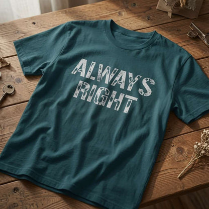 Green Always Right slogan t-shirt on rustic wood table, matching couples ladies tee