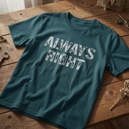Green Always Right slogan t-shirt on rustic wood table, matching couples ladies tee