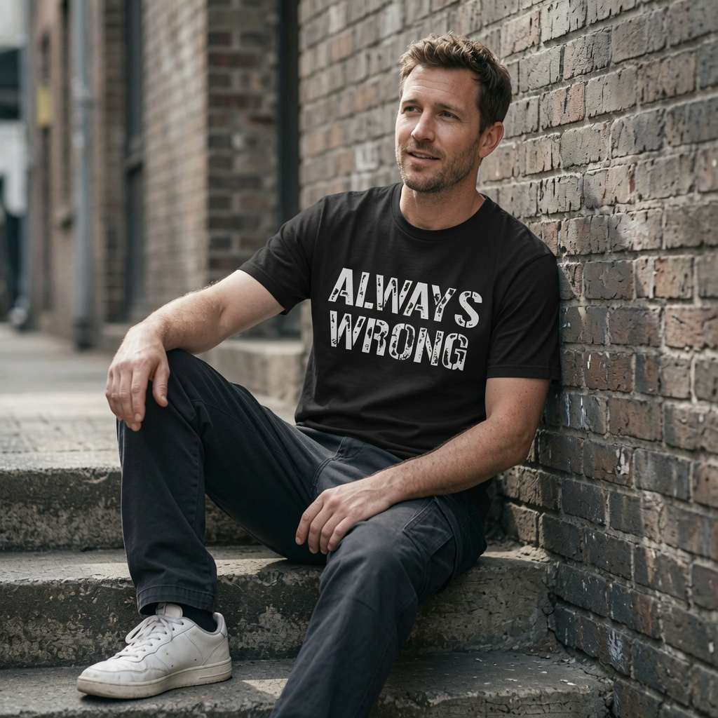 Man in black Always Wrong t-shirt sat on city steps, funny matching couples slogan gift