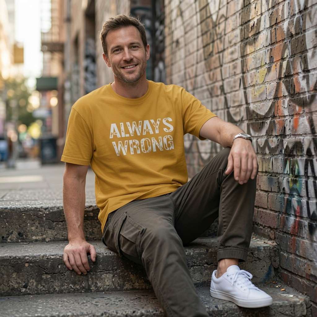 Man in ochre Always Wrong t-shirt smiling on steps, funny matching banter slogan gift