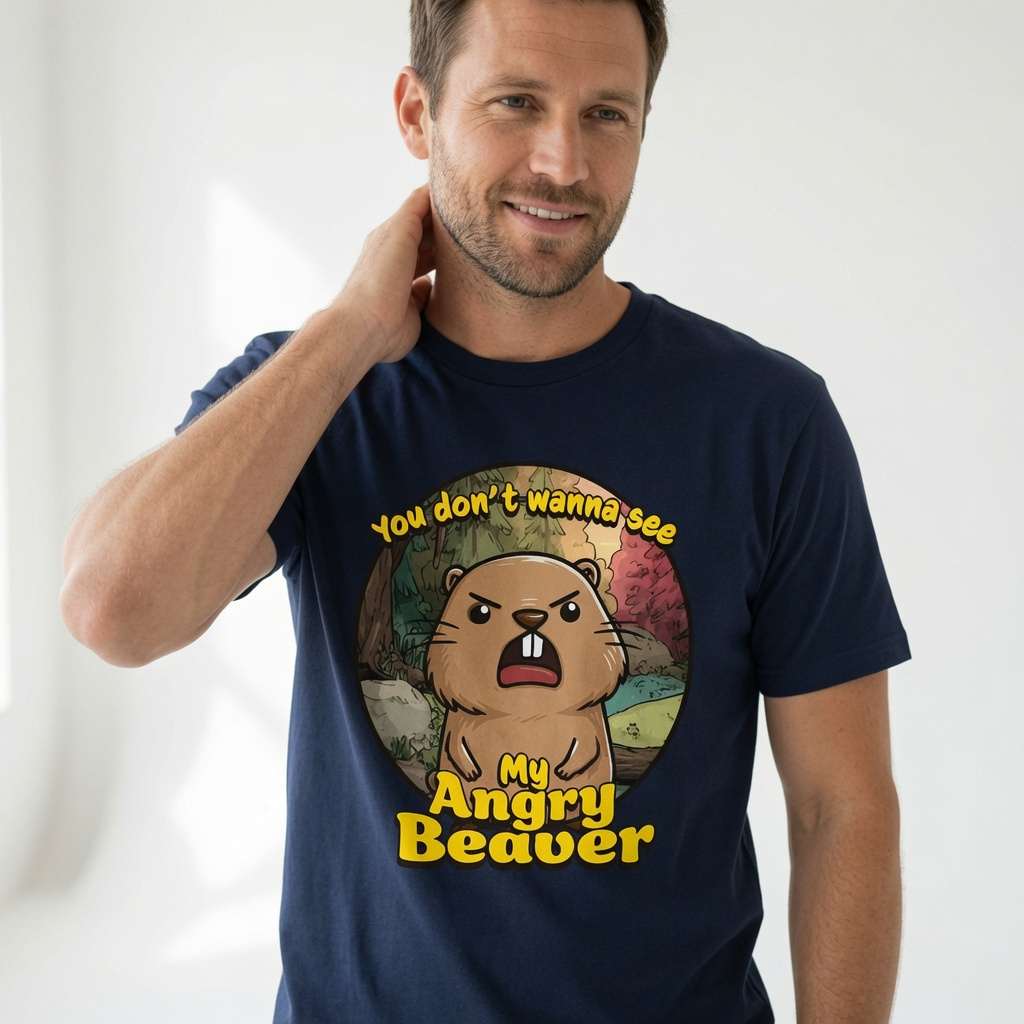 Man in navy You Don’t Wanna See My Angry Beaver t-shirt, fun rude mens animal joke tee