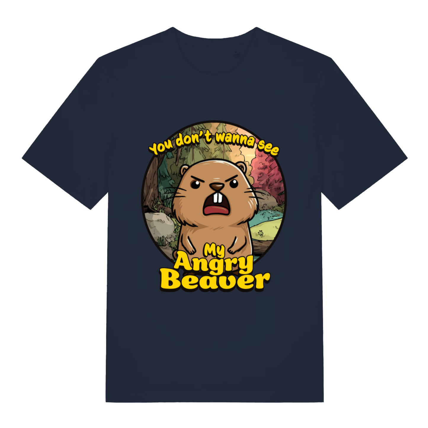 Navy "Angry Beaver" funny cartoon t-shirt flat lay, witty animal banter slogan organic cotton sustainable tee printed in UK
