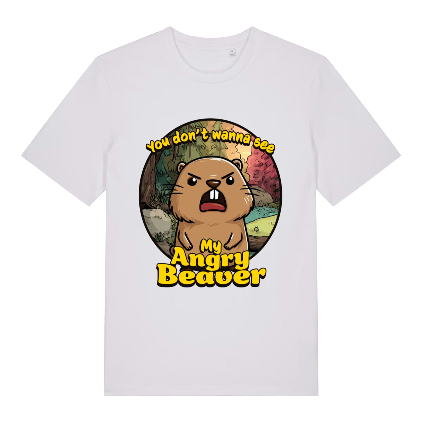 White "You Don't Wanna See My Angry Beaver" rude t-shirt flat lay, cheeky beaver cartoon graphic organic cotton funny tee UK