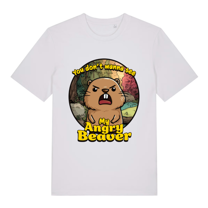 White "You Don't Wanna See My Angry Beaver" rude t-shirt flat lay, cheeky beaver cartoon graphic organic cotton funny tee UK