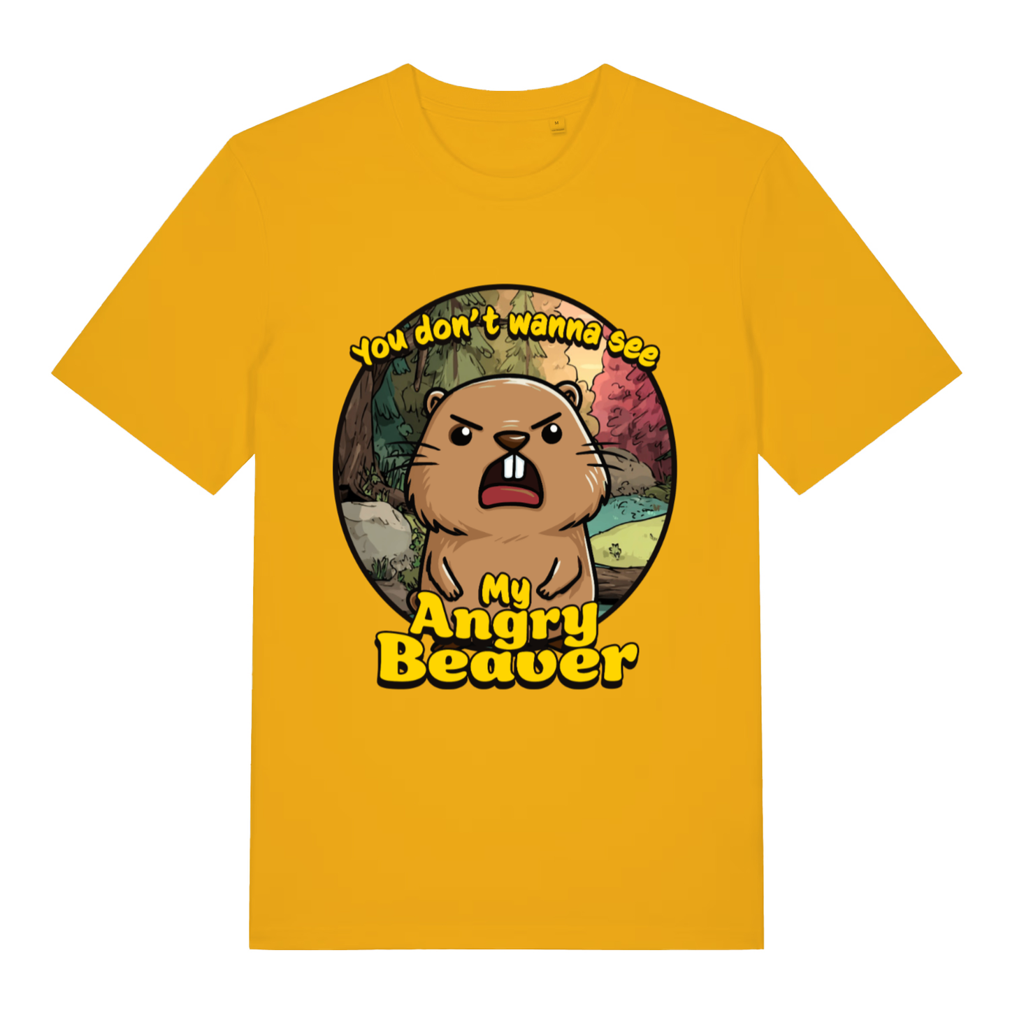 Yellow "Angry Beaver" funny matching t-shirt flat lay, humorous rude animal pun slogan organic cotton tee printed in UK